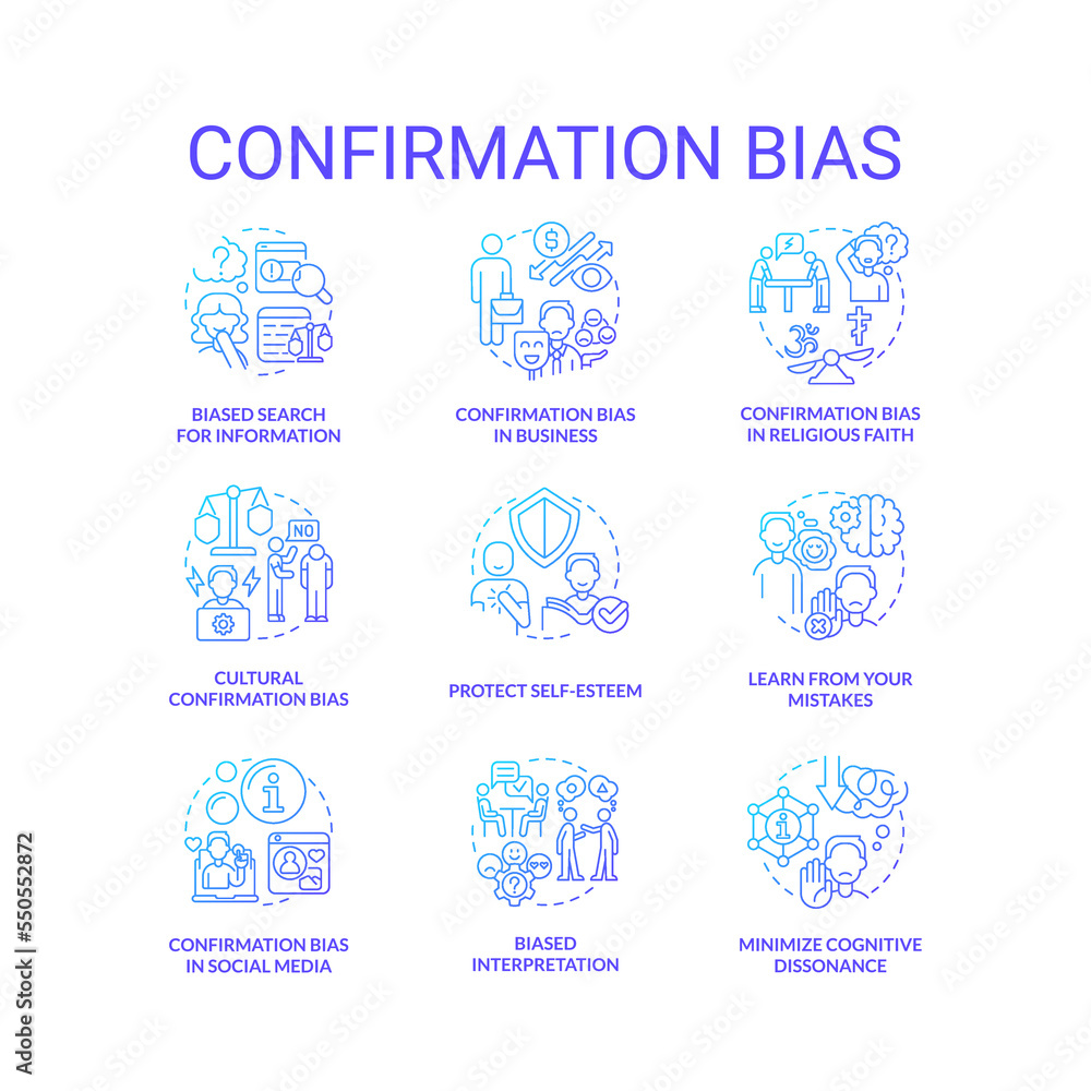 Confirmation bias blue gradient concept icons set. Emotional intelligence. Favor information idea thin line color illustrations. Isolated symbols. Roboto-Medium, Myriad Pro-Bold fonts used