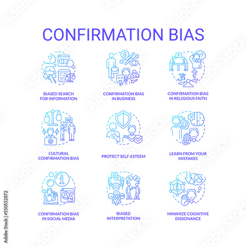 Confirmation bias blue gradient concept icons set. Emotional intelligence. Favor information idea thin line color illustrations. Isolated symbols. Roboto-Medium, Myriad Pro-Bold fonts used