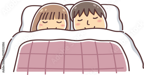 同じ布団で寝ている男女のイラスト（カップル・夫婦・同棲）
