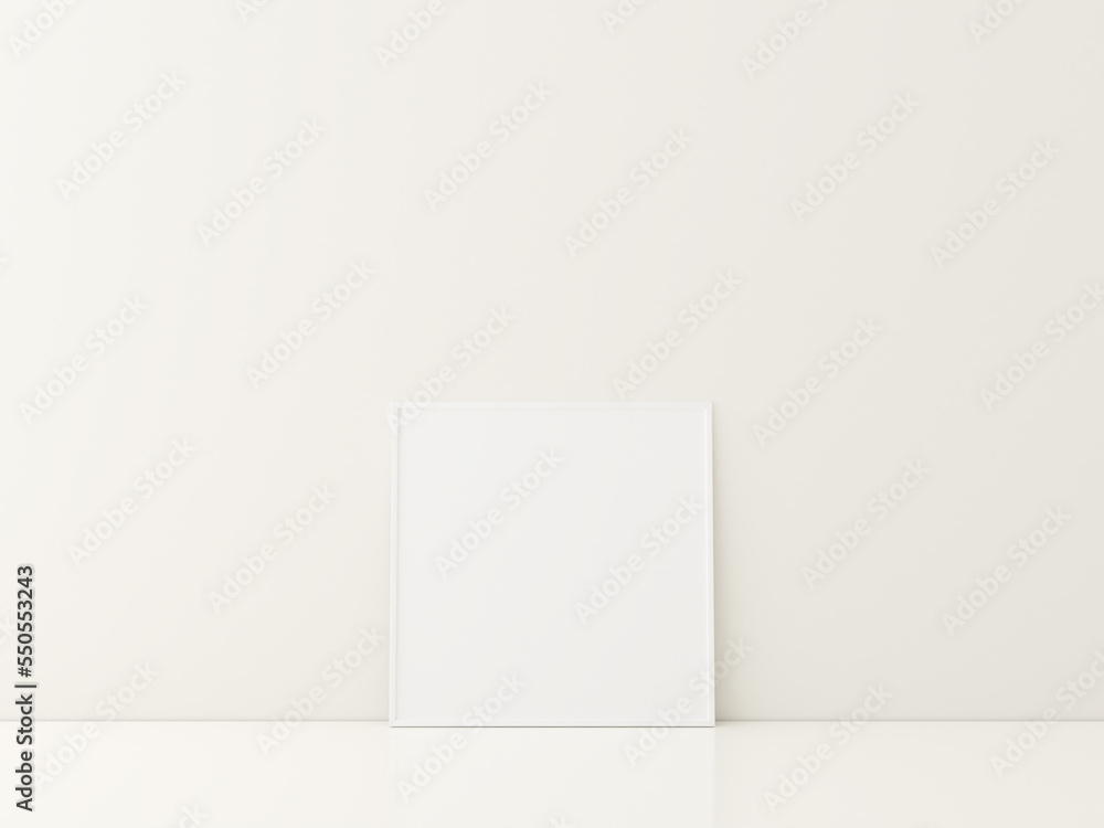 Naklejka premium Frame with poster mockup standing on the white floor. minimalist frame mockup. 3d rendering