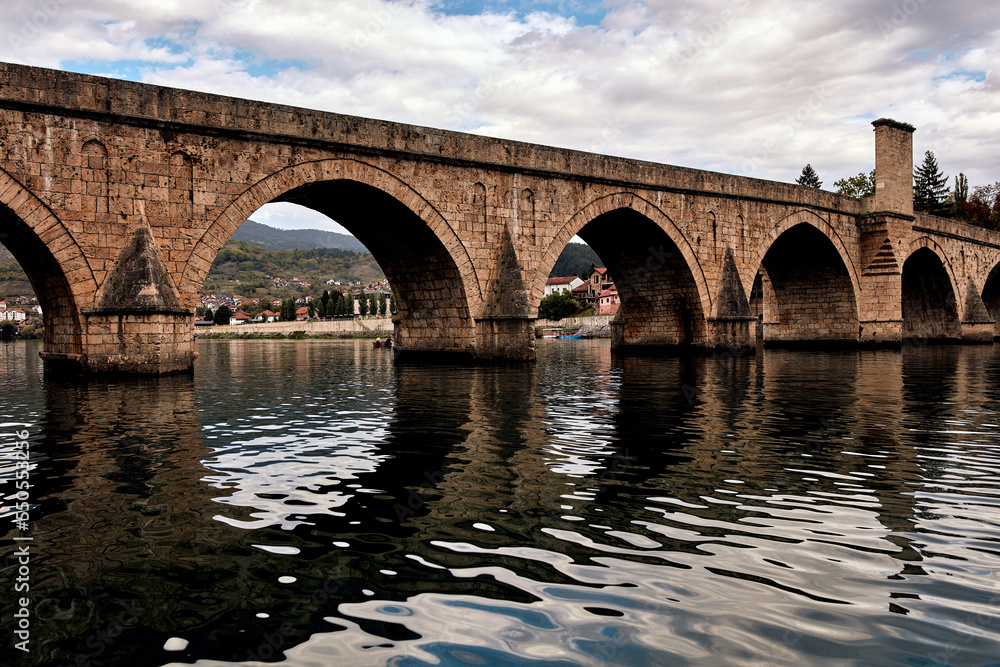 Bridge on river Drina, famous historic Ottoman architecture in Visegrad, Bosnia and Herzegovina.