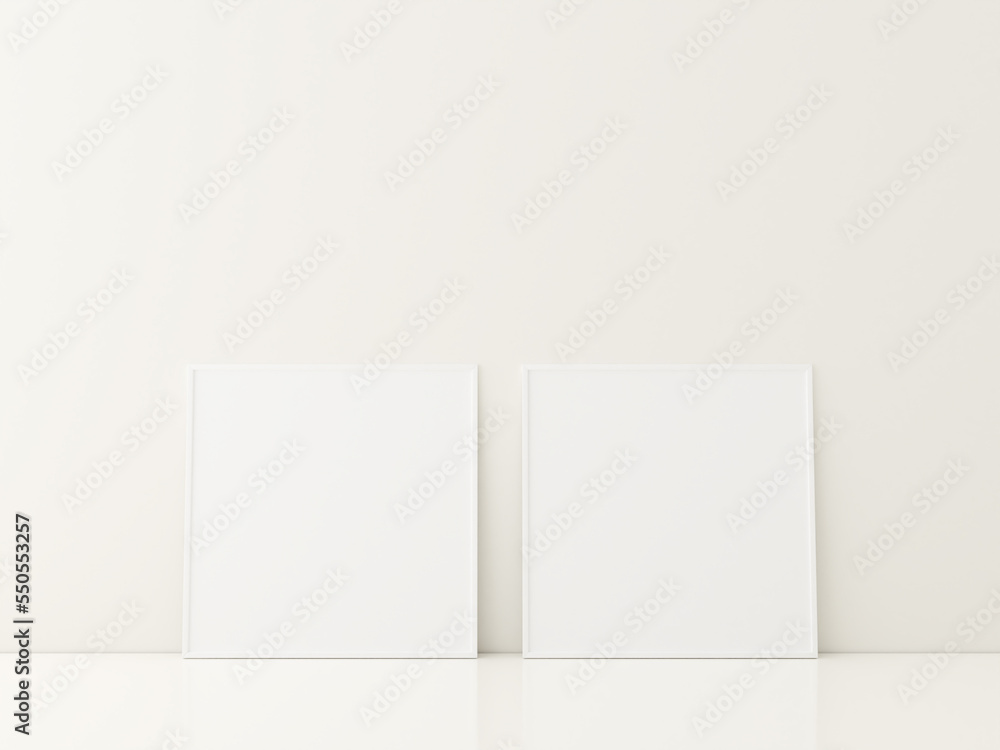 Frame with poster mockup standing on the white floor. minimalist frame mockup. 3d rendering Frame with poster mockup standing on the white floor. minimalist frame mockup. 3d rendering