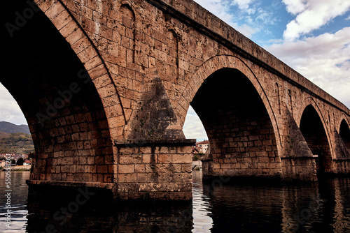 Bridge on river Drina, famous historic Ottoman architecture in Visegrad, Bosnia and Herzegovina.