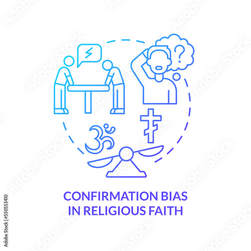 Confirmation bias in religious faith blue gradient concept icon. Personal beliefs. Unconscious prejudice abstract idea thin line illustration. Isolated outline drawing. Myriad Pro-Bold font used