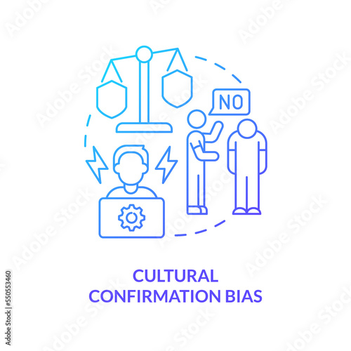 Cultural confirmation bias blue gradient concept icon. Cognitive prejudice example in interviewing abstract idea thin line illustration. Isolated outline drawing. Myriad Pro-Bold font used