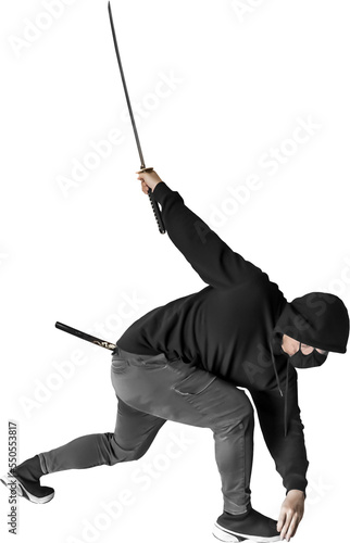 Isolated PNG cutout of a ninja with a katana on a transparent background
