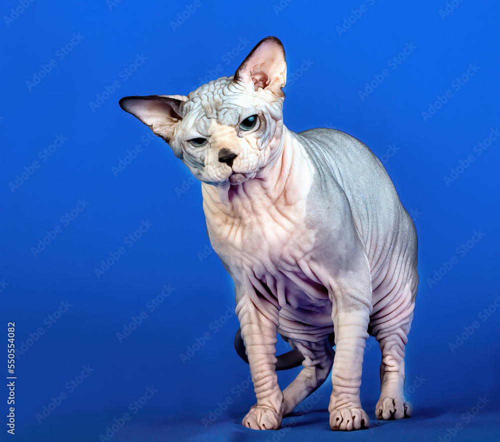 A grey sphinx cat walking on blue background.