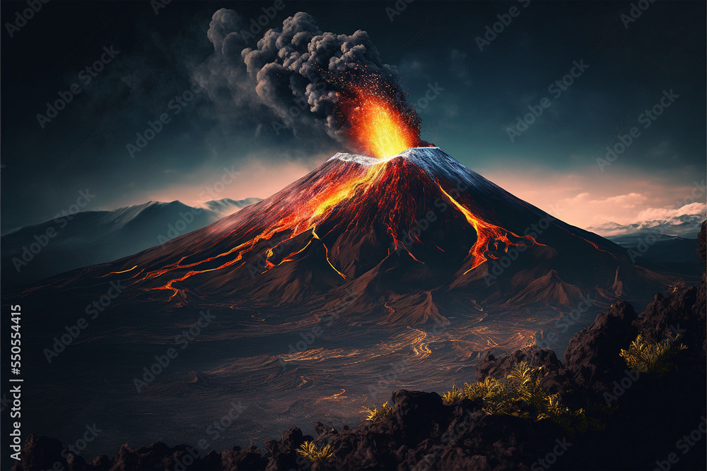 Volcanic eruptions in dark dramatic tone color, dark sky, lava Generative Ai