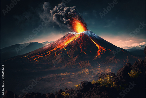Volcanic eruptions in dark dramatic tone color  dark sky  lava Generative Ai