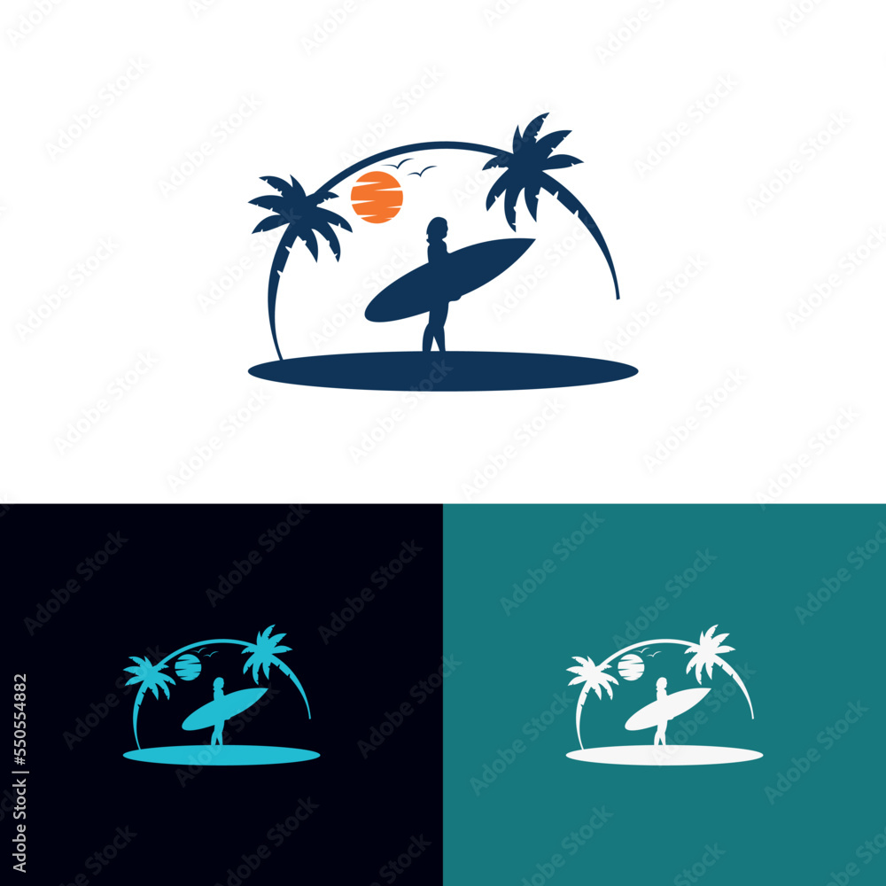 Surf logo with woman silhouette. Logo Design Inspiration Vector