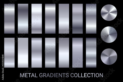 Metal color palette set metallic gradients vector. Silver colors collection vector. Metallic chrome, titanium, steel, aluminium, stainless, foil, technology gradient texture swatches. Silver palette