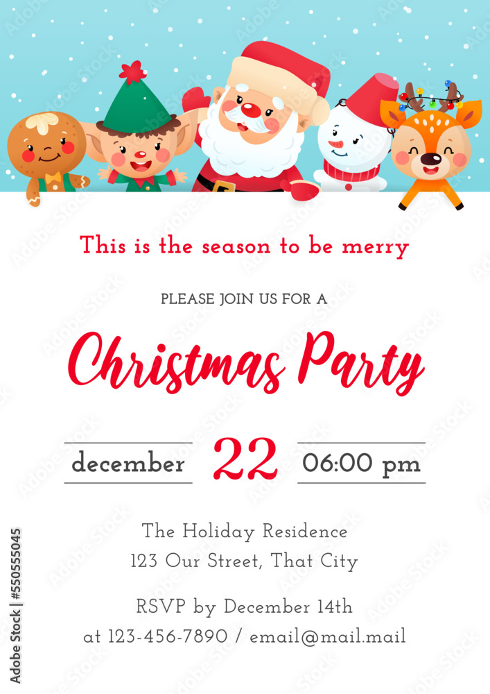 Fototapeta premium Christmas Party invitation template. Winter holiday illustration with a gingerbread man, an elf, a Santa Claus, a snowman and a little deer on a background of a snowfall. Vector 10 EPS.