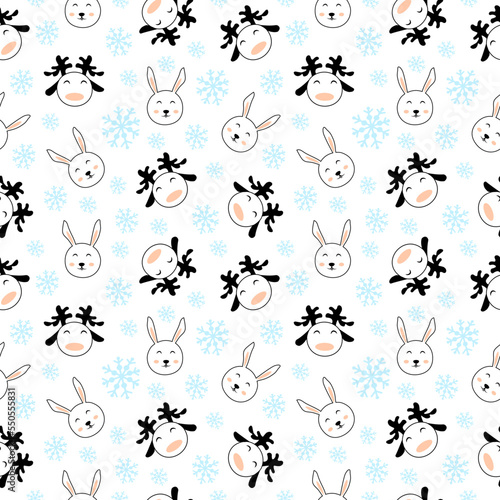 Cute Christmas seamless pattern with rabbit and deer animals. Cartoon vector nursery wallpaper. Wrapping or scrapbook paper design. © Iulia