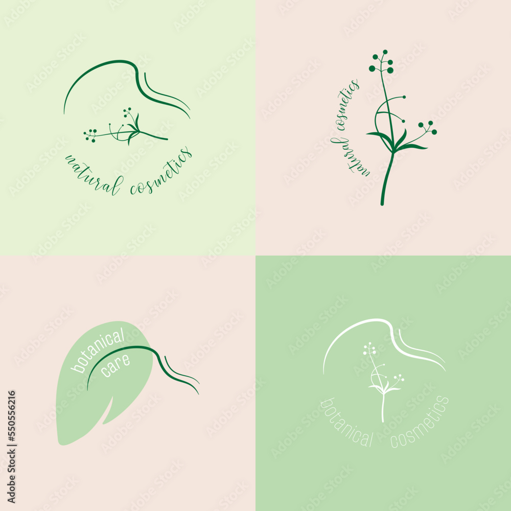 Naklejka premium Natural cosmetics logo set. Botanical care products icons