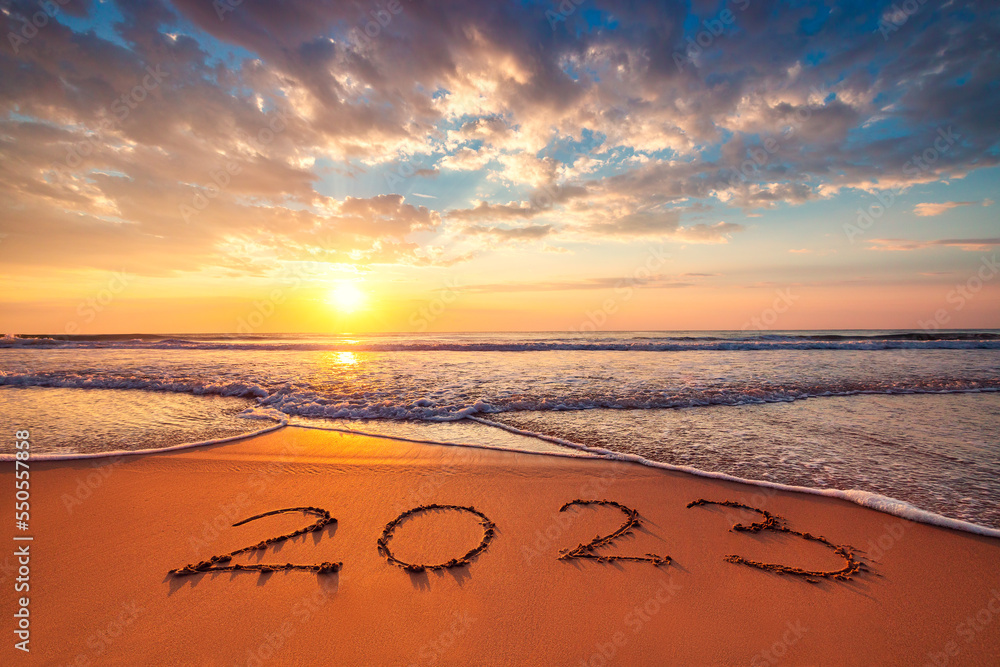 Happy New Year 2023 ocean sunrise on the beach shore concept - obrazy, fototapety, plakaty 