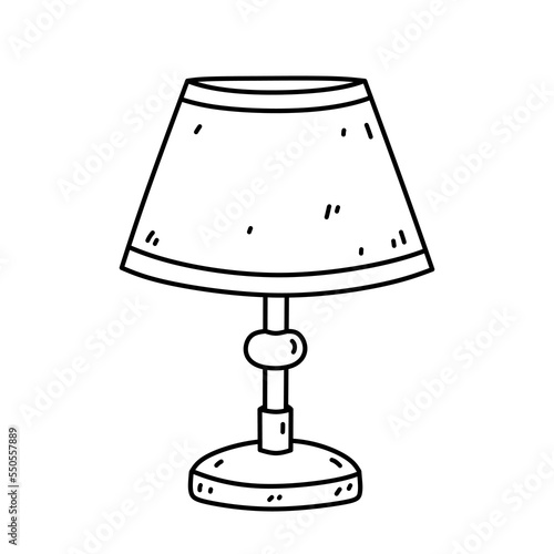 Table lamp with lampshade isolated on white background. Interior item for bedroom, living room. Vector hand-drawn doodle illustration. Perfect for decorations, logo, various designs.