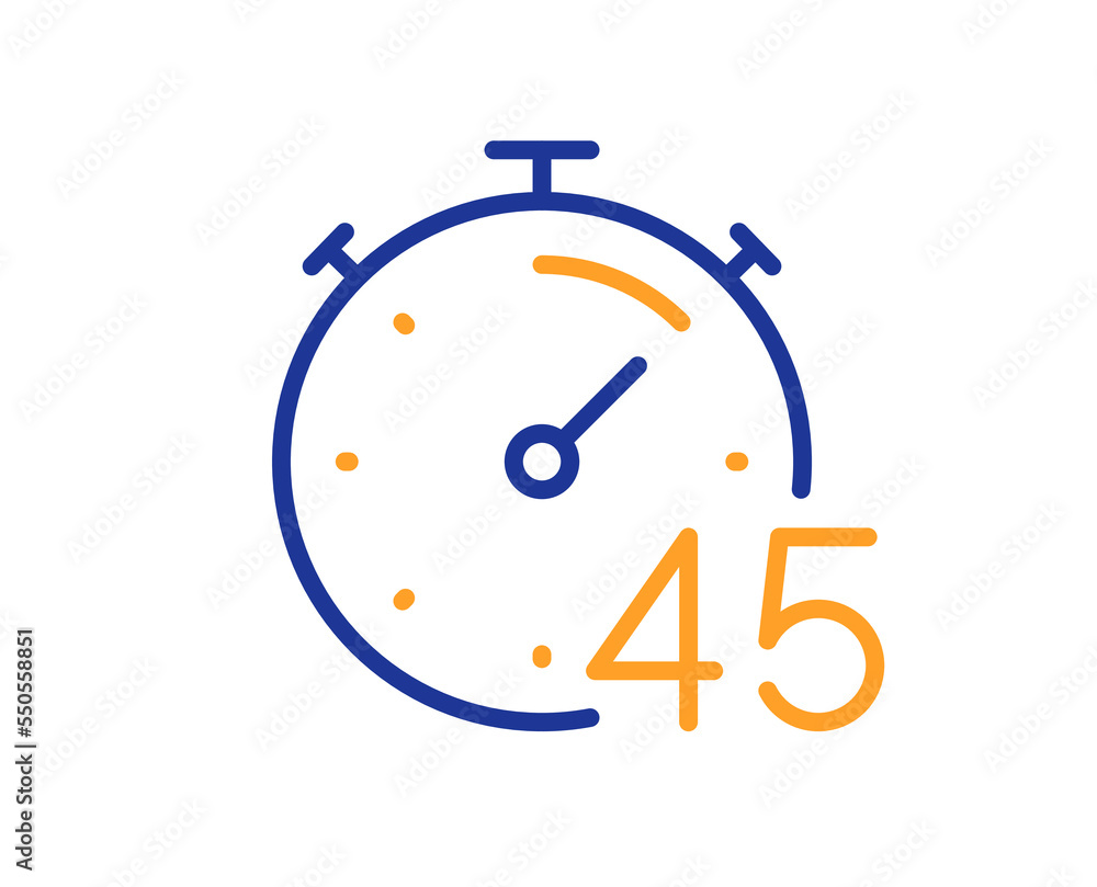 Timer 45 minutes line icon. Stopwatch time sign. Countdown clock symbol. Colorful thin line outline concept. Linear style timer icon. Editable stroke. Vector Timer 45 minutes line icon. Stopwatch time sign. Countdown clock symbol. Colorful thin line outline concept. Linear style timer icon. Editable stroke. Vector