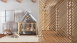 Wooden panel close-up, modern wooden nursery with crib and wallpaper, parquet floor. Minimalist zen interior design concept idea, contemporary architecture template