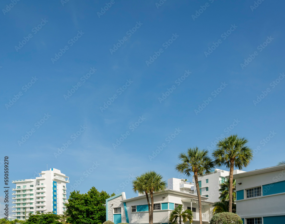 Obraz premium Views of white buildings with trees outdoors under the clear blue sky at Miami, Florida