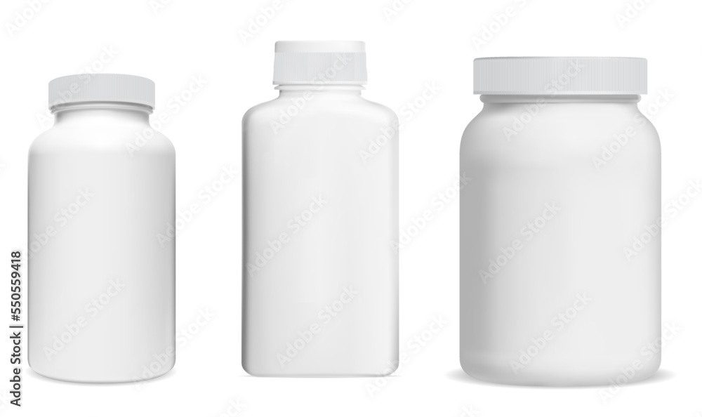 White plastic pill bottle design, vector mockup of supplement package for label. Pharmacy product sample, round drug box for prescription capsule, antibiotic, aspirin. medicament tablet jar set White plastic pill bottle design, vector mockup of supplement package for label. Pharmacy product sample, round drug box for prescription capsule, antibiotic, aspirin. medicament tablet jar set