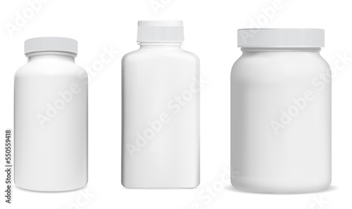 White plastic pill bottle design, vector mockup of supplement package for label. Pharmacy product sample, round drug box for prescription capsule, antibiotic, aspirin. medicament tablet jar set