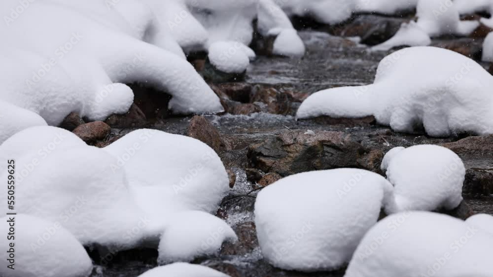 River stream at winter snow forest in the mountains River stream at winter snow forest in the mountains