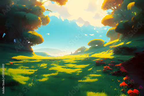 Peaceful Green Spring Grass Field - Beautiful Vibrant Concept Art

