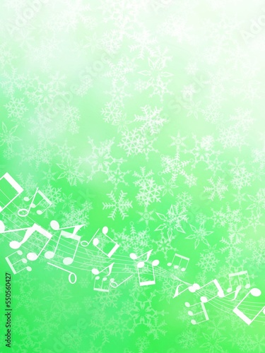 雪の結晶と音符が描かれた緑色の冬やクリスマス用の背景フレーム