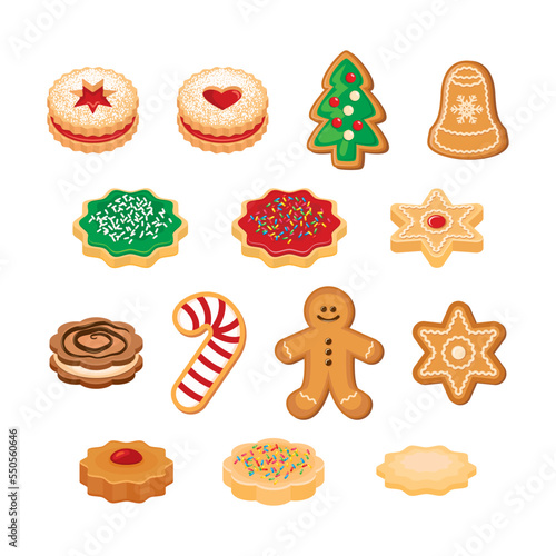 Christmas cookies and gingerbread icon set vector. Delicious christmas linzer cookies icon set isolated on a white background. Different types of biscuits drawing. Shortbread cookie icons vector
