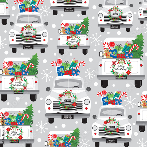 christmas pattern with christmas car , gifts and trees pattern