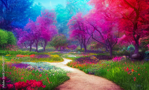 Foto magical garden landscape with flowers and colorful trees generative ai illustrat