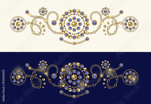 Baroque border motif with swirls. Ornament made made of gold, silver jewelry chains, blue gems, rhinestones, ball beads in vintage style. Vector illustration on white, blue background.