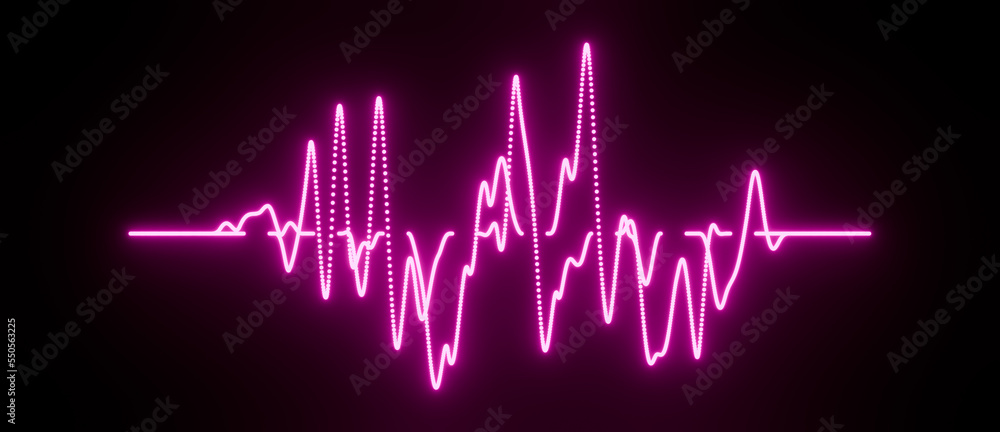 Neon pink 3D abstract wireframe sound waves, visualization of frequency dots signals audio wavelengths, futuristic technology waveform background with copy space for text