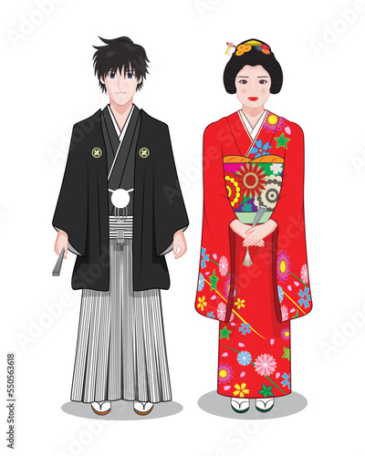 Smart Japanese young man and cute Japanese girl dress in formal Kimono and Hakama pant drawing in cartoon vector