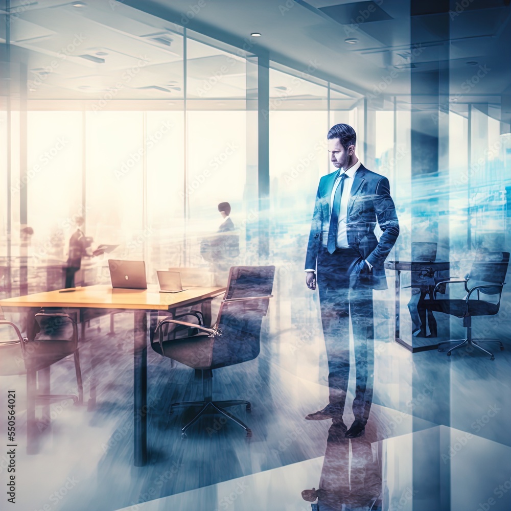 Double exposure image of businessman and office. AI Generated Illustration.
Double exposure image of businessman and office. AI Generated Illustration.