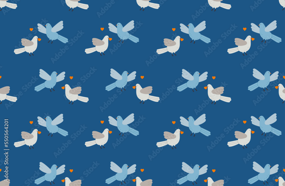 Fototapeta premium Seamless pattern of beige and blue pigeons with hearts. Two love birds. Saint Valentine's day. Romantic print design.
