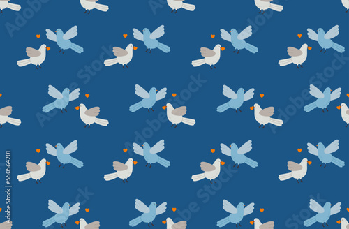 Seamless pattern of beige and blue pigeons with hearts. Two love birds. Saint Valentine's day. Romantic print design. © Yelyzaveta