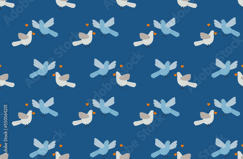 Seamless pattern of beige and blue pigeons with hearts. Two love birds. Saint Valentine's day. Romantic print design.