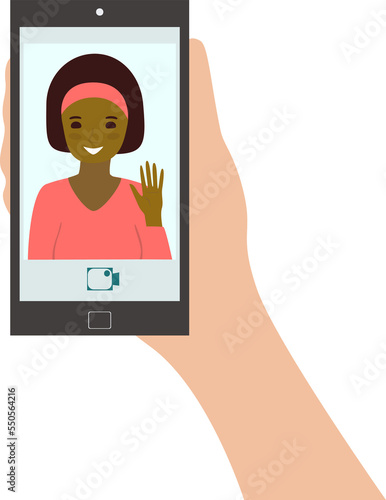 Video calling. Human hand holding phone. Remote learning or work. Online communication concept. 