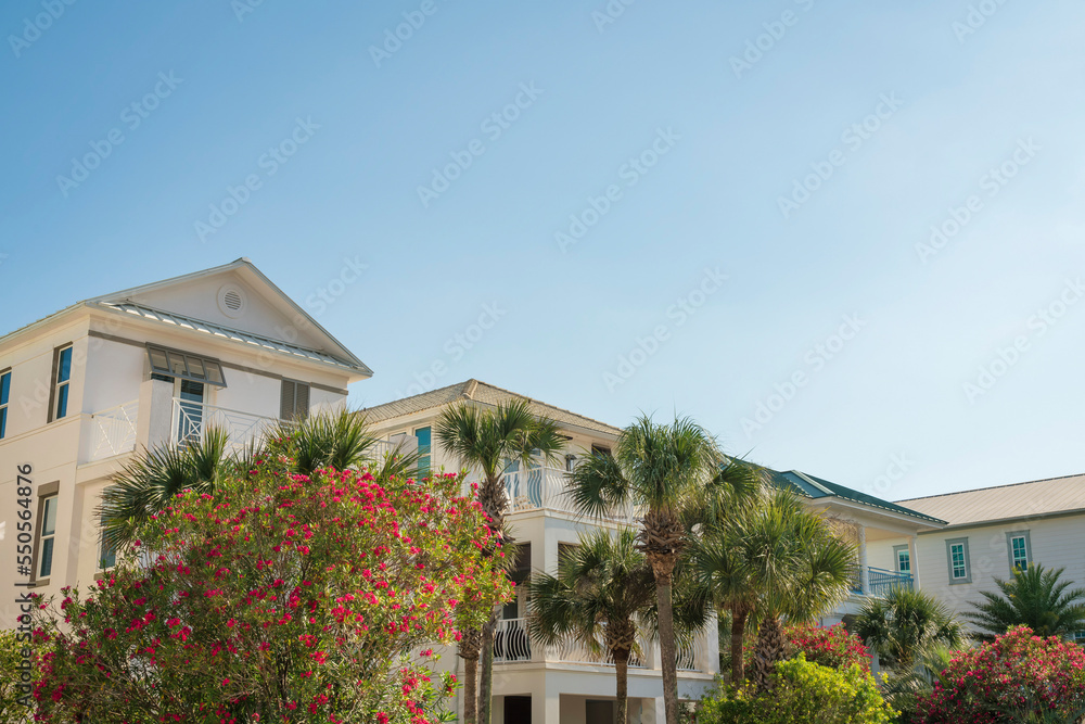 Destin, Florida- Tropical and flowering plants at the front of three-storey houses Destin, Florida- Tropical and flowering plants at the front of three-storey houses