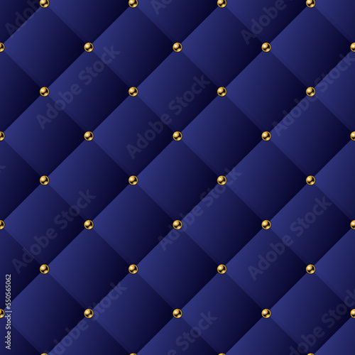 Classic volume seamless pattern with square grid and golden buttons. Blue background like sofa upholstery. Deep blue color