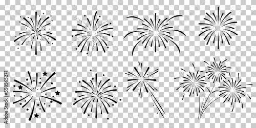 Set of firework icons.Fireworks with stars and sparks isolated on white background.Firework simple black line icons isolated on transparent background