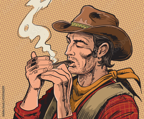 Cowboy lighting a cigarette. Vector illustration