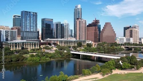 Drone shot of Auditorum Shores at Town Lake Dog Park. Downtown Austin Texas, US. photo