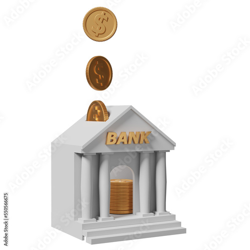 bank or tax office building with gold dollar coins isolated. bank financing, money exchange concept, 3d illustration or 3d render