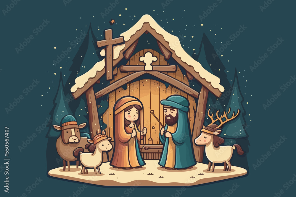 Nativity christian christmas scene A simple Christmas drawing Stock