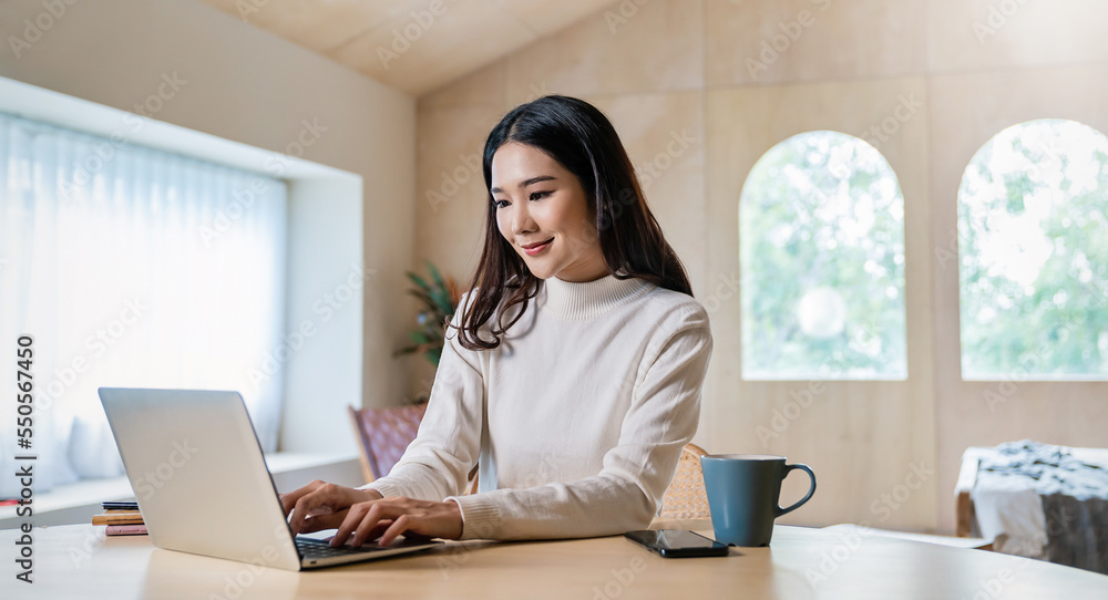 Portrait of nerd sme business asian woman work from home at online computer desktop table. Beauty Asia freelancer girl using laptop in bed room. Small business sme digital network, technology. Portrait of nerd sme business asian woman work from home at online computer desktop table. Beauty Asia freelancer girl using laptop in bed room. Small business sme digital network, technology.
