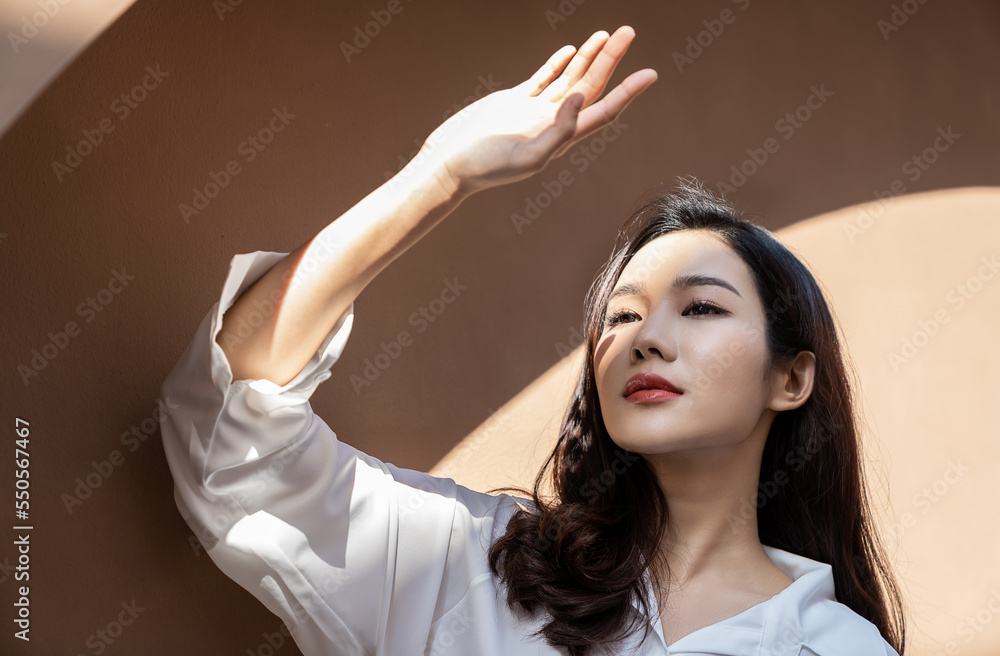 Portrait Of Young Beautiful Asian Woman Traveler Hands Protect Face ...