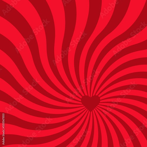 Love heart Swirling pattern background. Vortex starburst spiral twirl square with red heart. Love concept. Good idea for your Wedding.Converging psychadelic scalable stripes. Vector illustration