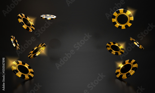 Roulette game casino chips flying poker player. 3D rendering of gambling on black background. Luxury gamble concept.